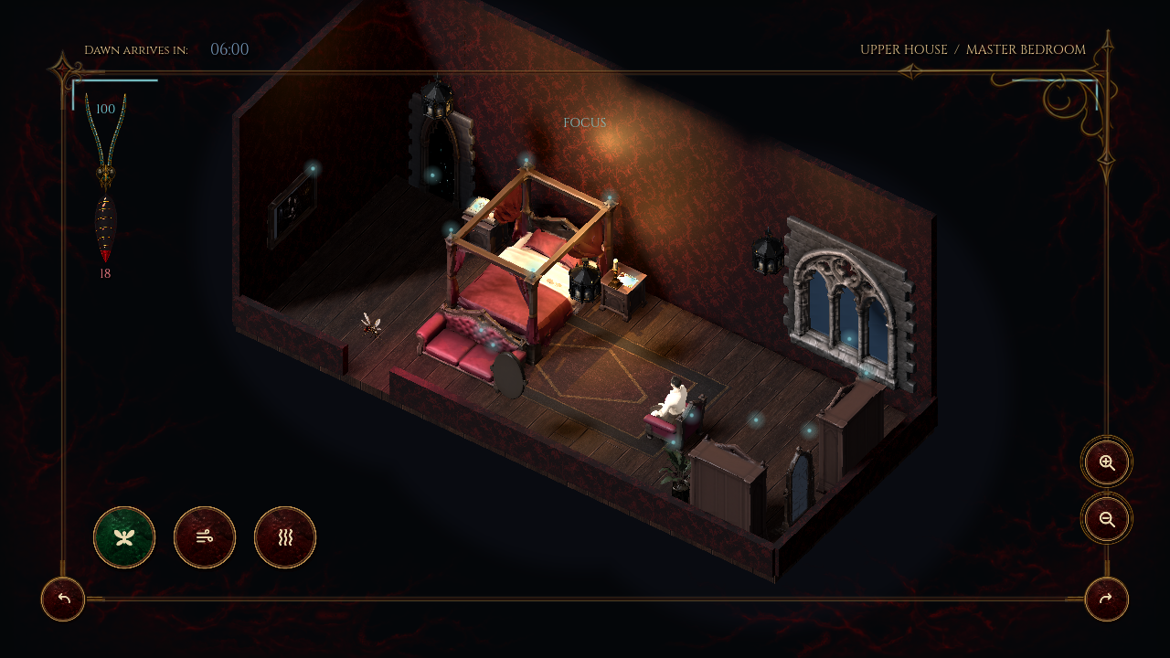 A bedroom viewed from above, with glowing mosquito perches