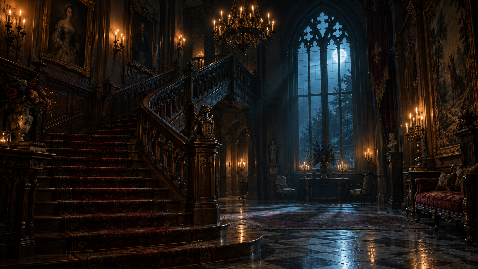 A candlelit staircase in a moonlit gothic mansion